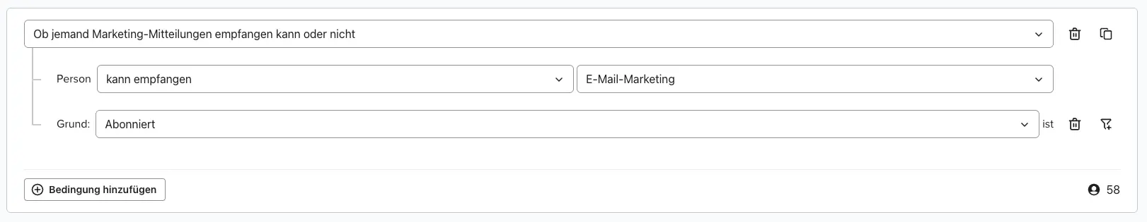 Benutzeroberfläche zur Segmentierung von Marketing-Mitteilungen in Klaviyo, zeigt Optionen für E-Mail-Marketing und Abonnements.