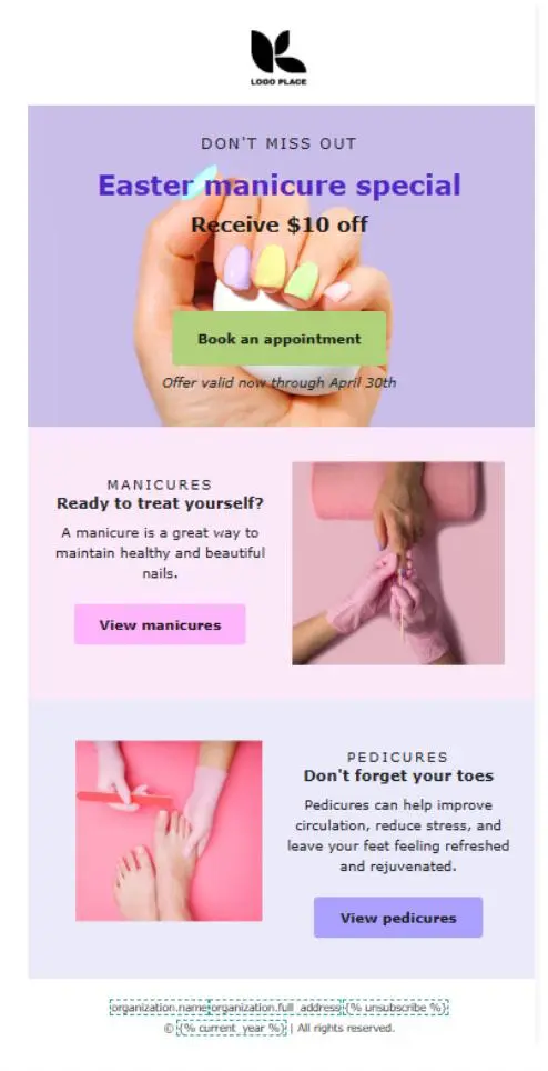 Oster-Newsletter mit Angeboten für Maniküre und Pediküre, inklusive $10 Rabatt. Enthält Bilder von Händen und Füßen bei der Pflege.