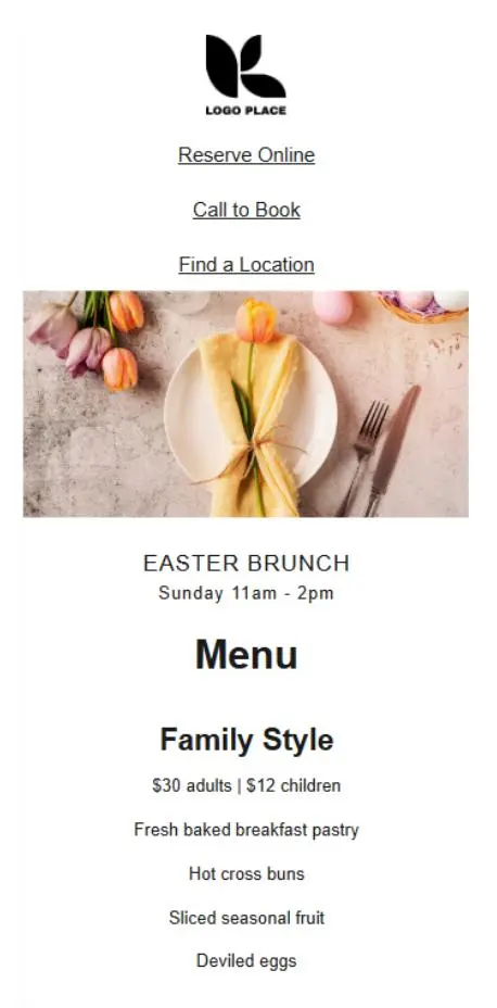 Osterbrunch-Menü mit Tulpen, Besteck und Serviette. Angebote: Frühstücksgebäck, Hot Cross Buns, Obst, gefüllte Eier.