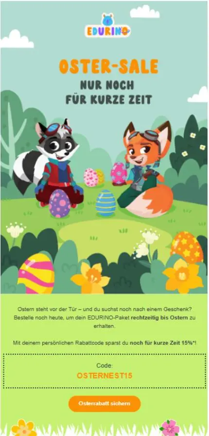 Edurino Oster-Sale-Anzeige mit zwei Cartoon-Tieren, Ostereiern und Rabattcode "OSTERNEST15".