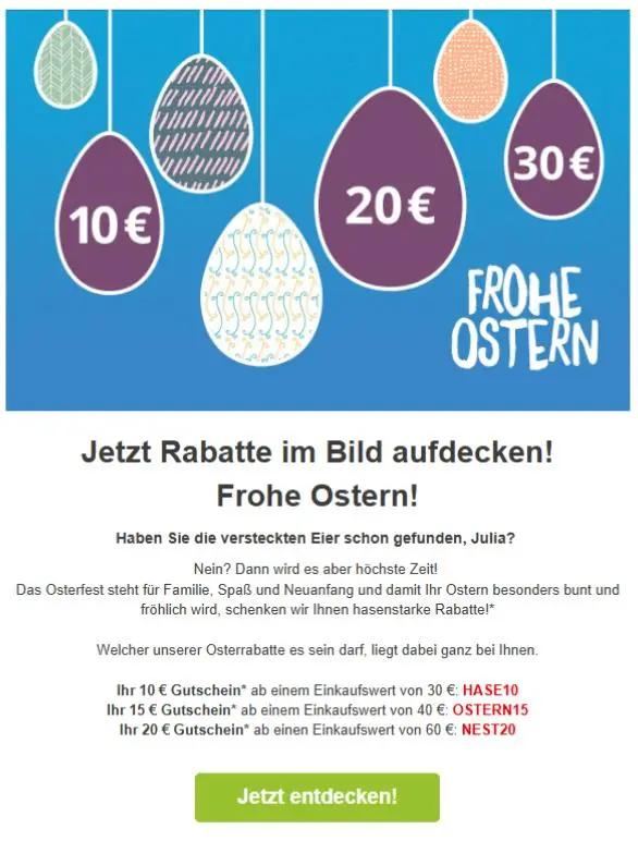 Oster-Newsletter mit bunten Eiern und Rabatten von 10€, 20€, 30€. Text: "Frohe Ostern! Jetzt Rabatte im Bild aufdecken!
