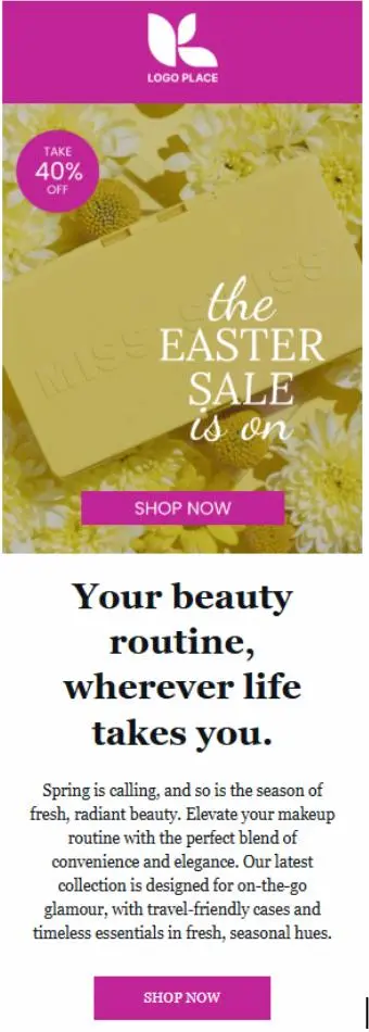 Osterverkaufsanzeige mit 40 % Rabatt, gelbem Hintergrund und Blumen. Text: "The Easter Sale is on", "Your beauty routine, wherever life takes you.