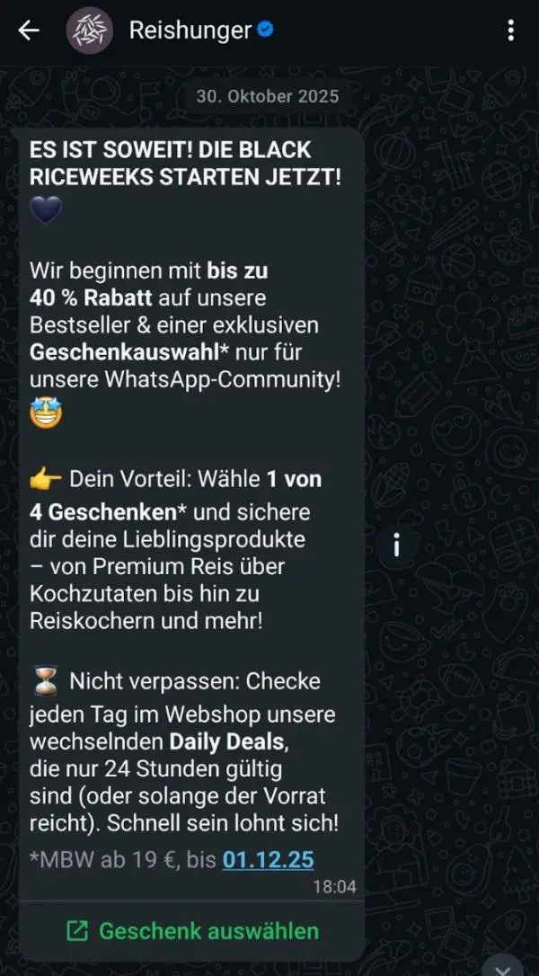 WhatsApp-Nachricht von Reishunger über Black Riceweeks mit bis zu 40 % Rabatt und exklusiven Geschenken für die Community.