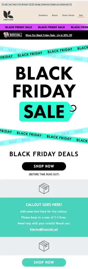 Black Friday Sale-Werbung mit Angeboten und Call-to-Action-Buttons. Enthält Platzhaltertext für zusätzliche Informationen.