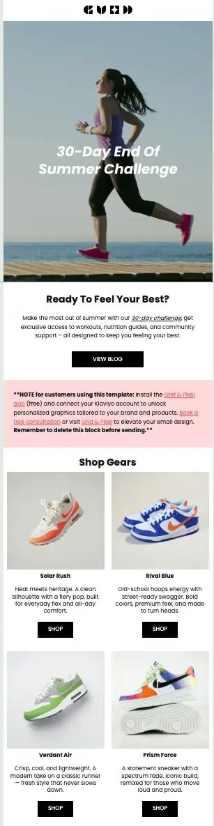 Frau joggt am Strand, Text "30-Day End of Summer Challenge". Darunter Schuhe mit Beschreibungen: Solar Rush, Rival Blue, Verdant Air, Prism Force.