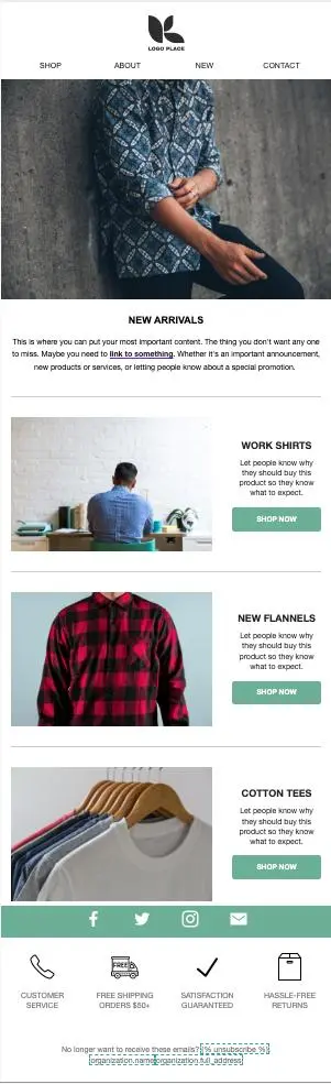Newsletter-Vorlage mit Kategorien: "New Arrivals", "Work Shirts", "New Flannels", "Cotton Tees". Enthält Bilder und Shop-Buttons.