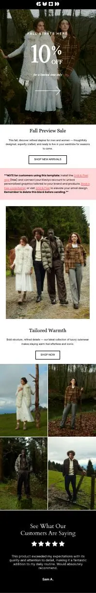 Newsletter-Vorlage mit Herbstmode: 10% Rabatt, Bilder von Models in Herbstkleidung, Kundenbewertung mit 5 Sternen.