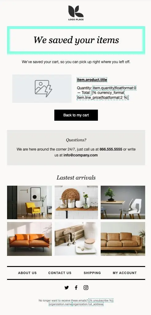 Newsletter-Vorlage mit dem Titel "We saved your items", Warenkorbabbruch-Benachrichtigung, Kontaktinformationen und Produktbilder.