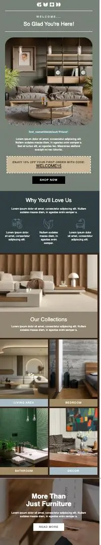 Newsletter-Vorlage mit Willkommensnachricht, Möbelbildern und einem Rabattcode. Kategorien: Wohnzimmer, Schlafzimmer, Badezimmer, Büro.