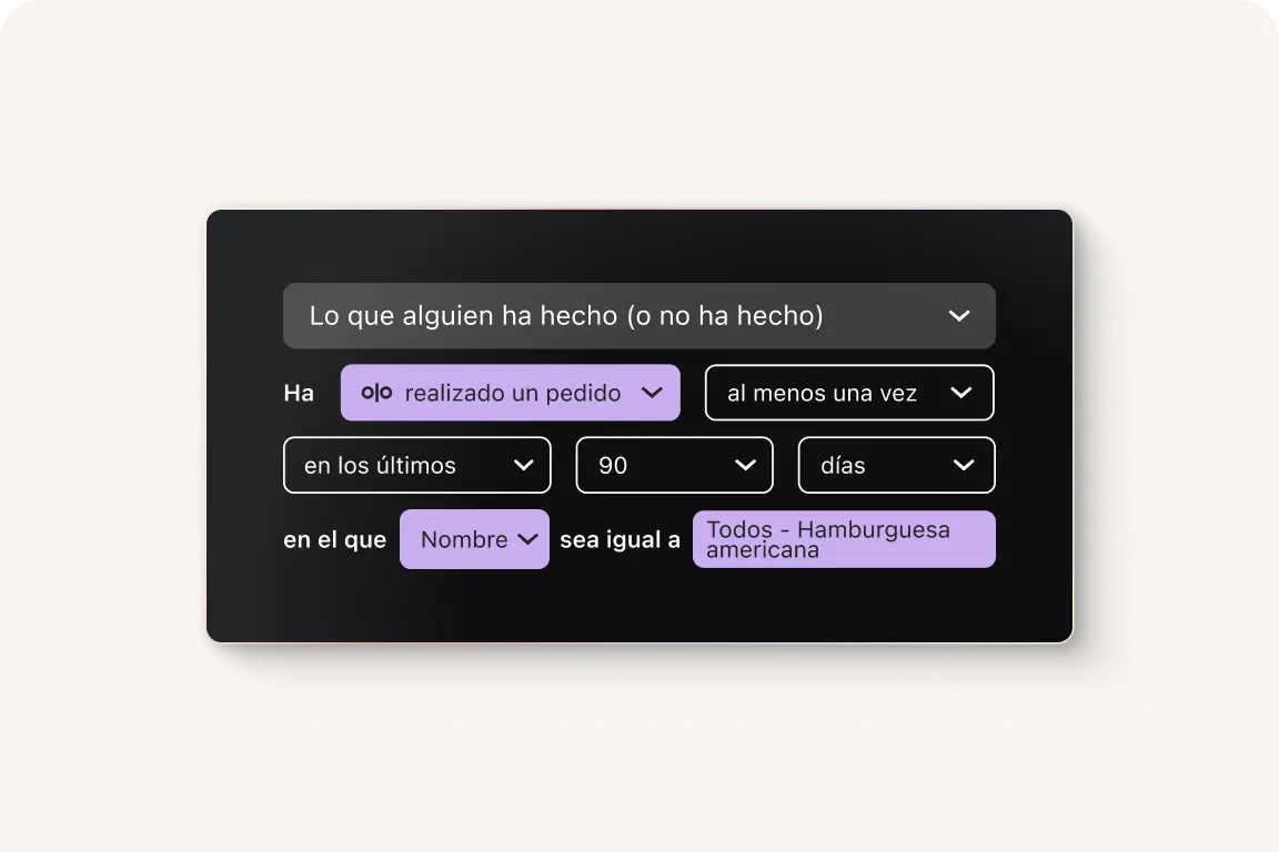 Interfaz de usuario con filtros para pedidos, incluyendo opciones de frecuencia, tiempo y nombre del producto.