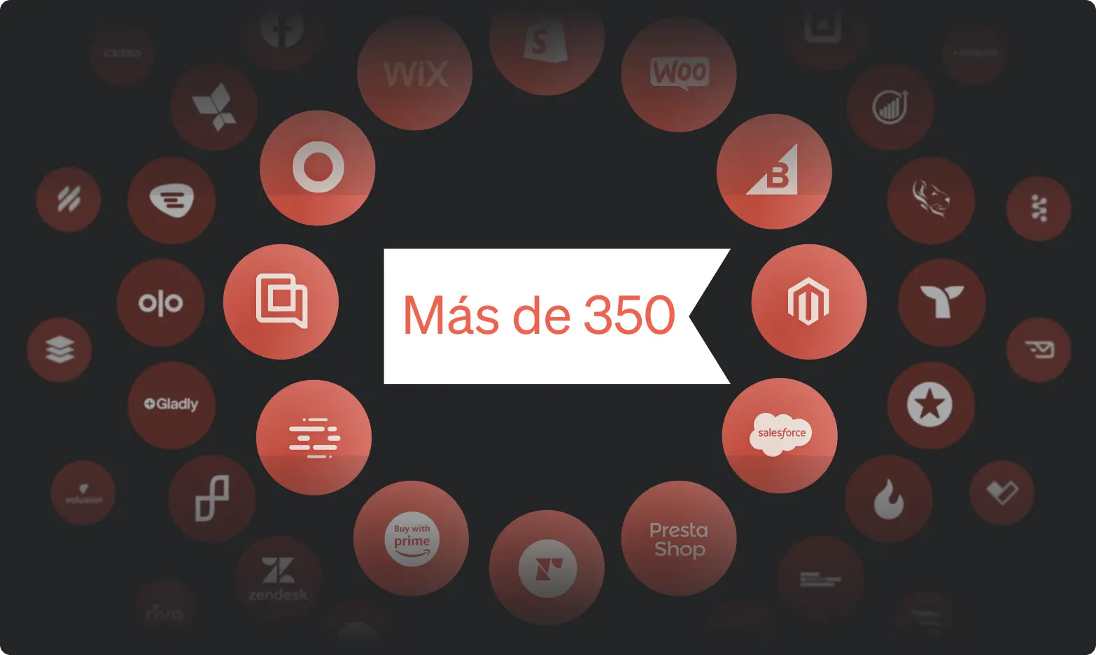 Más de 350 logotipos de marcas en círculos rojos sobre fondo oscuro.