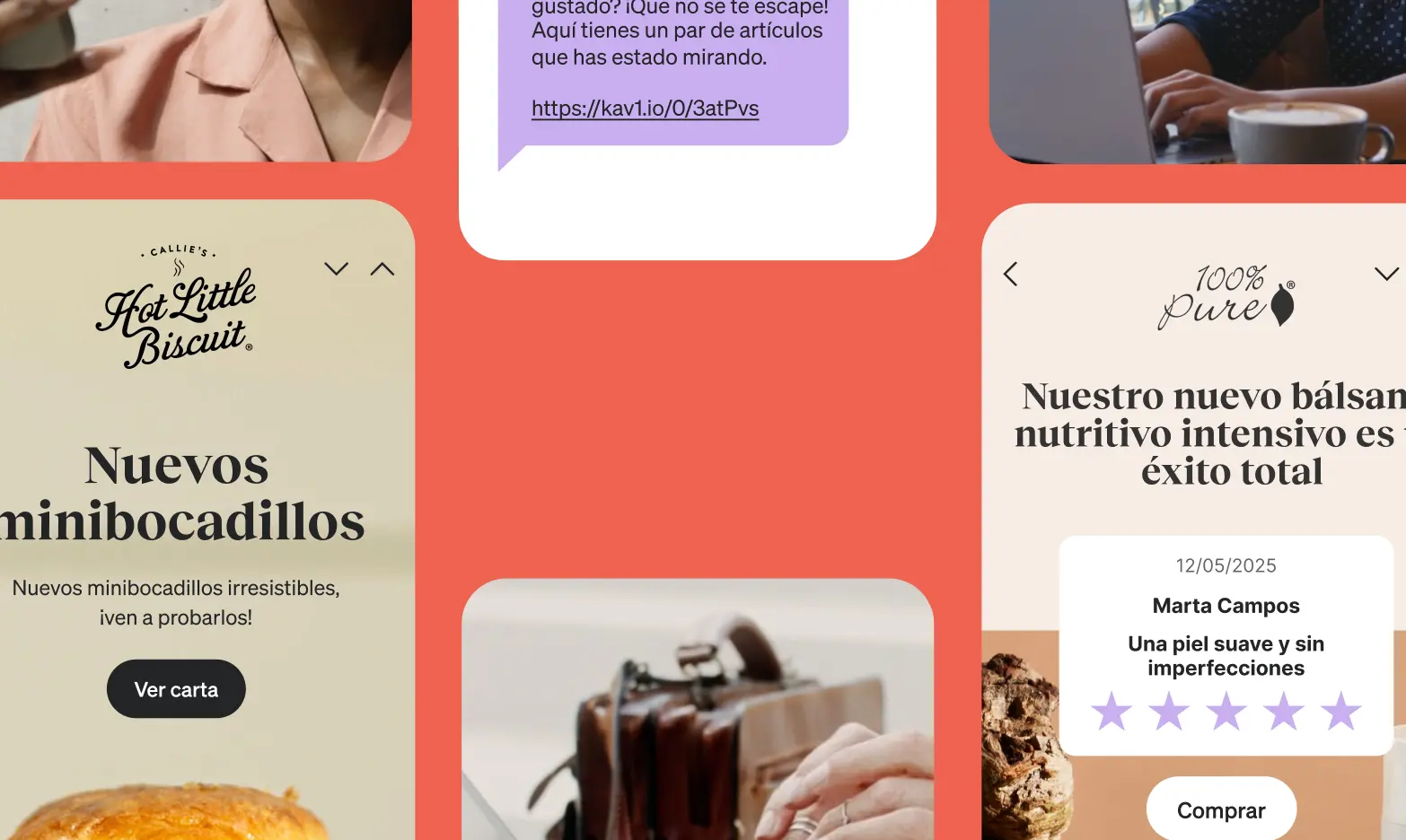 Collage de anuncios de productos: minibocadillos de "Callie's Hot Little Biscuit" y bálsamo nutritivo de "100% Pure". Texto promocional y reseñas.