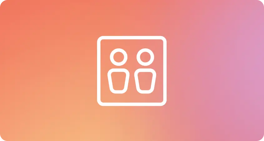 Icône de deux figures humaines stylisées dans un carré sur fond dégradé orange et rose.