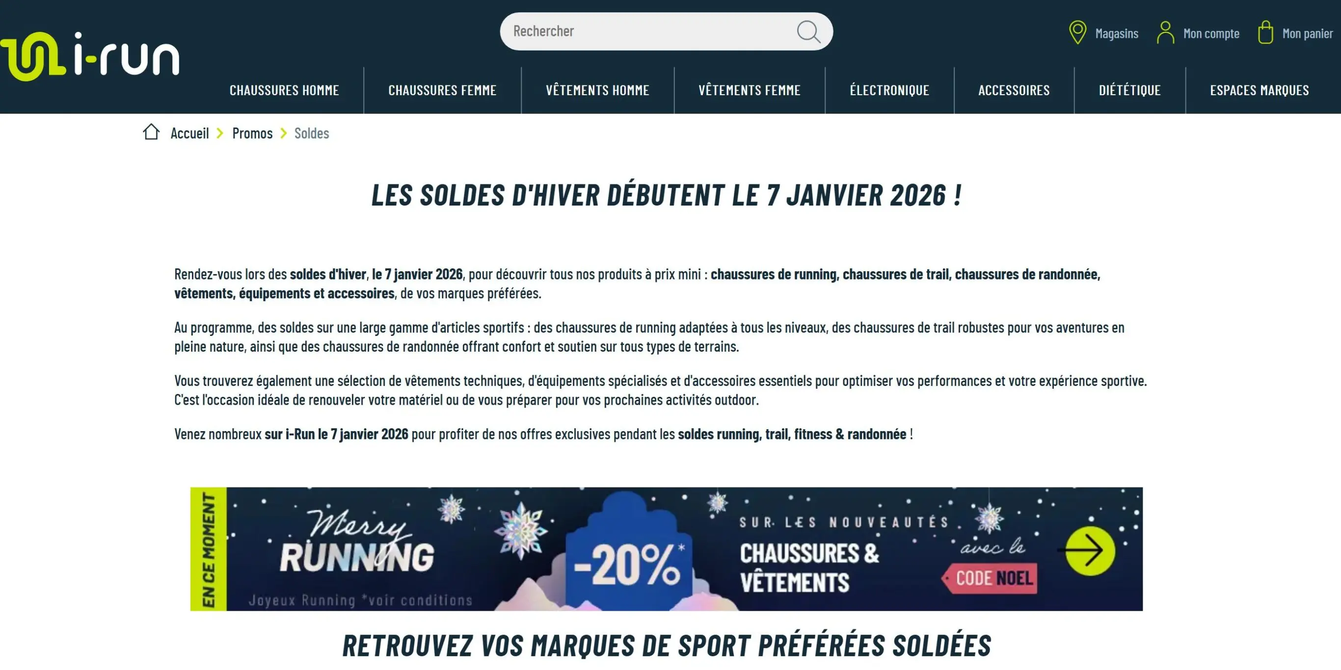 Capture d’écran de la page “Soldes d’hiver 2026” du site i-Run, avec un titre clair, un rappel des dates officielles et une bannière promotionnelle -20 % sur les chaussures et vêtements.
