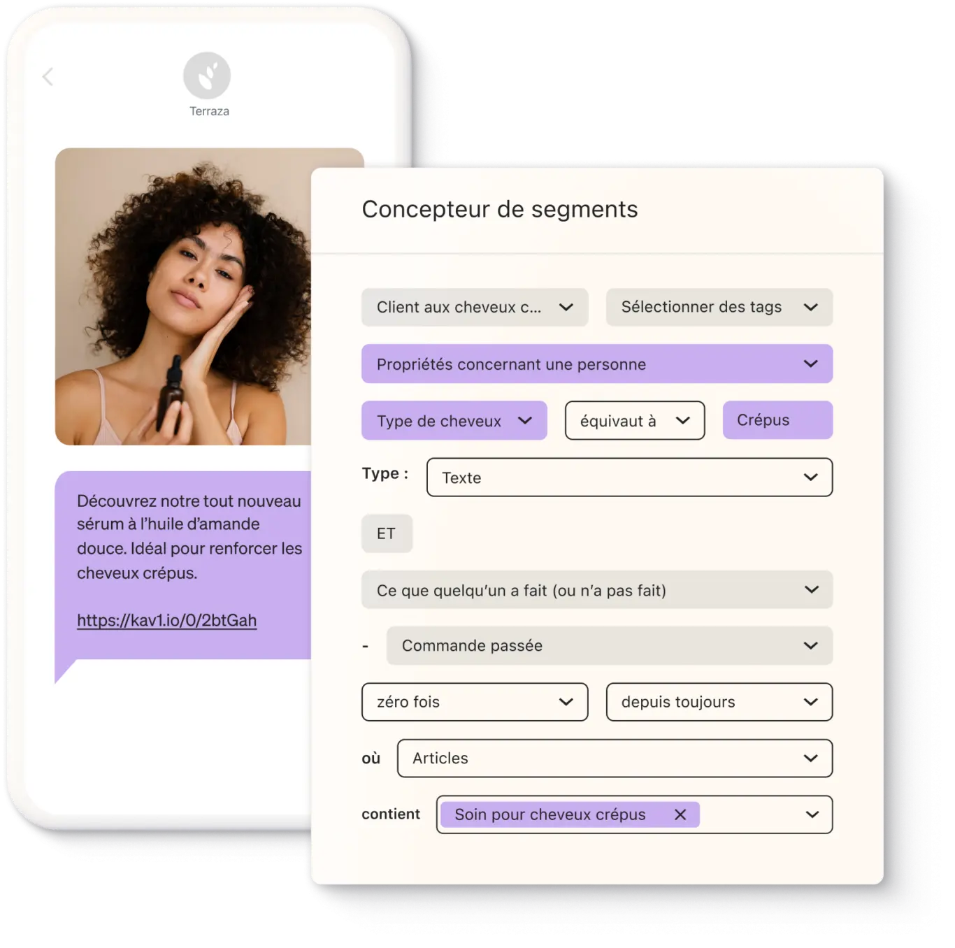 Interface utilisateur montrant une femme tenant un flacon de sérum, avec des options de segmentation pour les clients aux cheveux crépus.