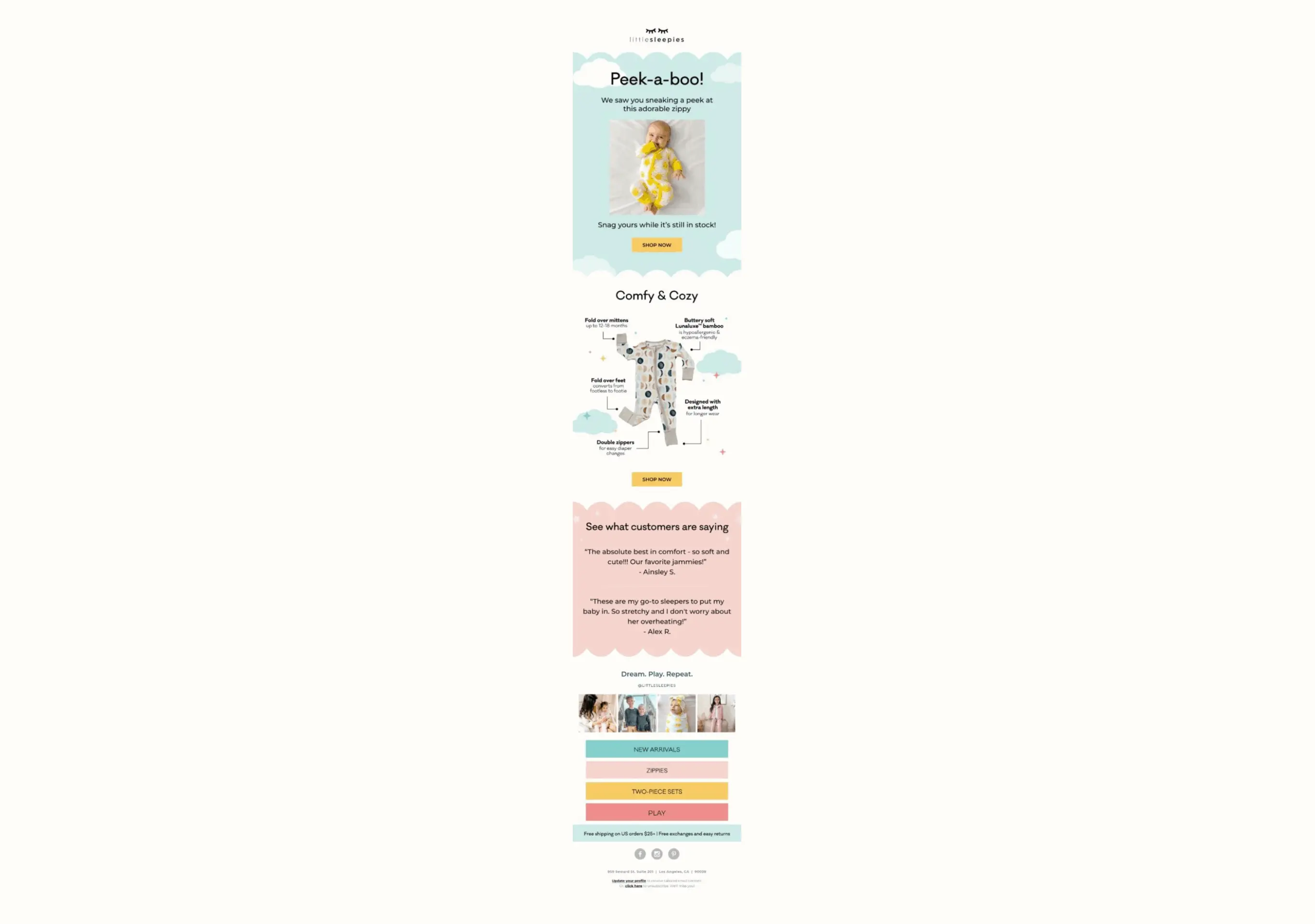 Bannière promotionnelle de Little Sleepies présentant des pyjamas pour bébés, avec des avis clients et des options d'achat.