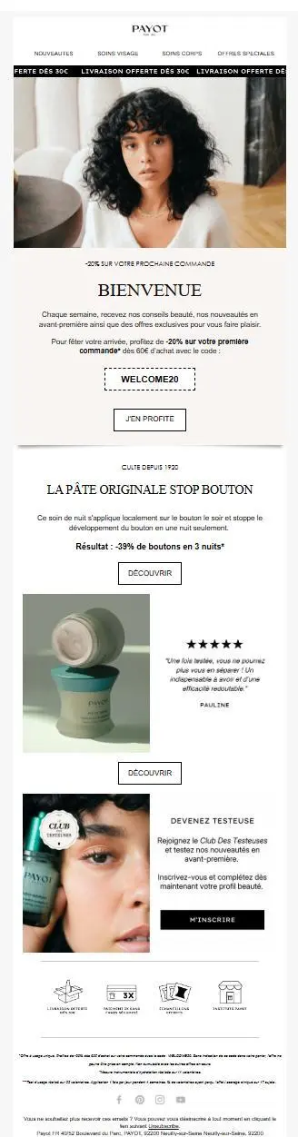 Capture de l’e-mail de bienvenue de Payot, objet "Bienvenue chez Payot", incluant un code de réduction de 20 % sur la première commande, une présentation produit, et une invitation au Club des Testeuses.