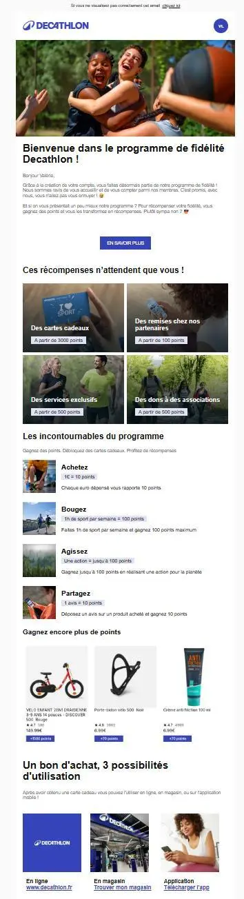 Capture de l’e-mail de bienvenue Picard, présentant les avantages fidélité, réductions et points de bienvenue offerts.