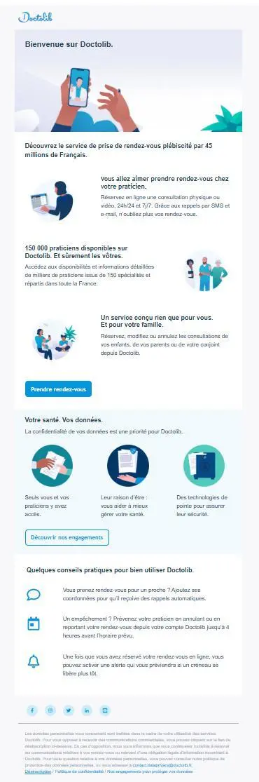Capture d’écran de l’e-mail de bienvenue de Doctolib présentant les fonctionnalités du service, les engagements de confidentialité et des conseils pratiques pour bien démarrer.