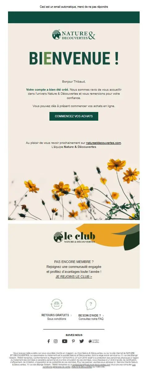 Capture de l’e-mail de bienvenue de Nature & Découvertes avec l’objet "Bienvenue sur votre compte client", confirmant la création du compte et invitant à démarrer les achats