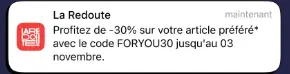 Notification push La Redoute avec offre de -30 % et un code promo à durée limitée