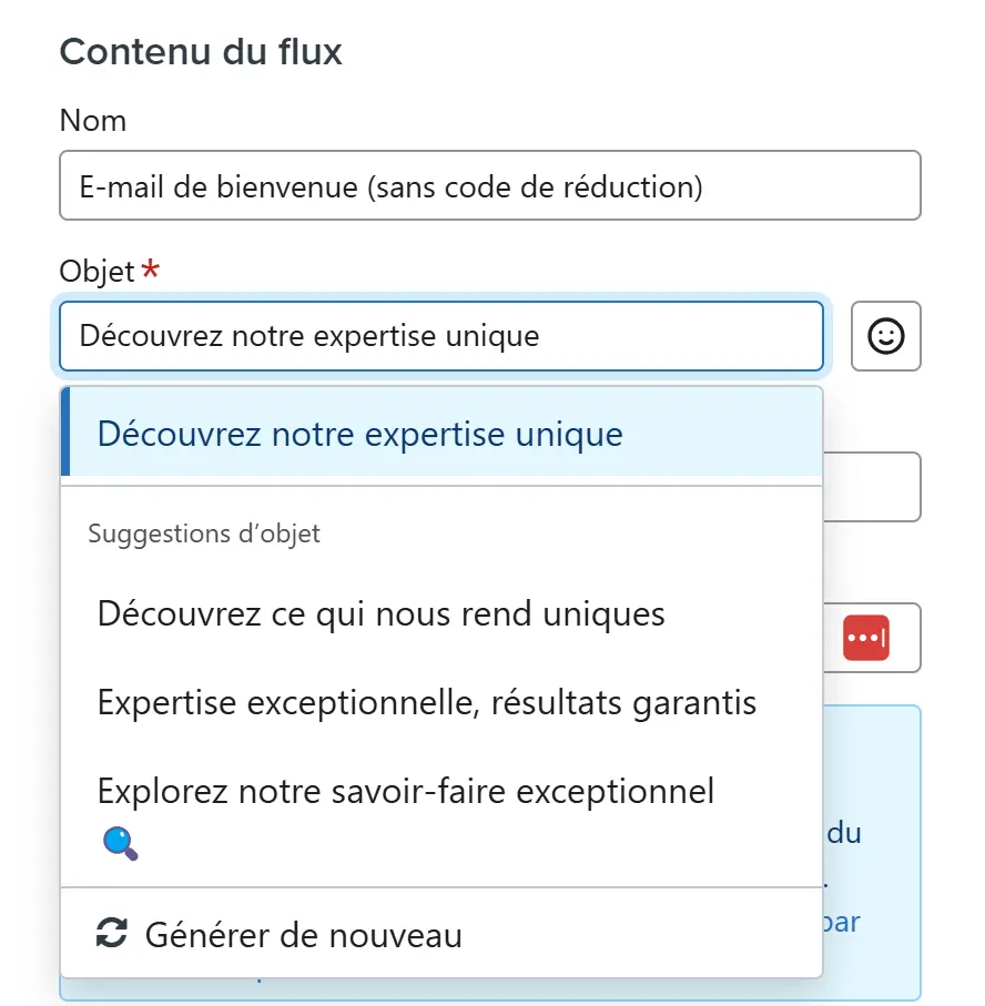 Capture d’écran de l’interface Klaviyo montrant un e-mail de bienvenue avec un champ “Objet” prérempli par l’IA. Plusieurs suggestions de lignes d’objet sont proposées automatiquement, comme “Découvrez ce qui nous rend uniques” ou “Expertise exceptionnelle, résultats garantis”, illustrant la fonctionnalité de génération intelligente de contenu par IA.