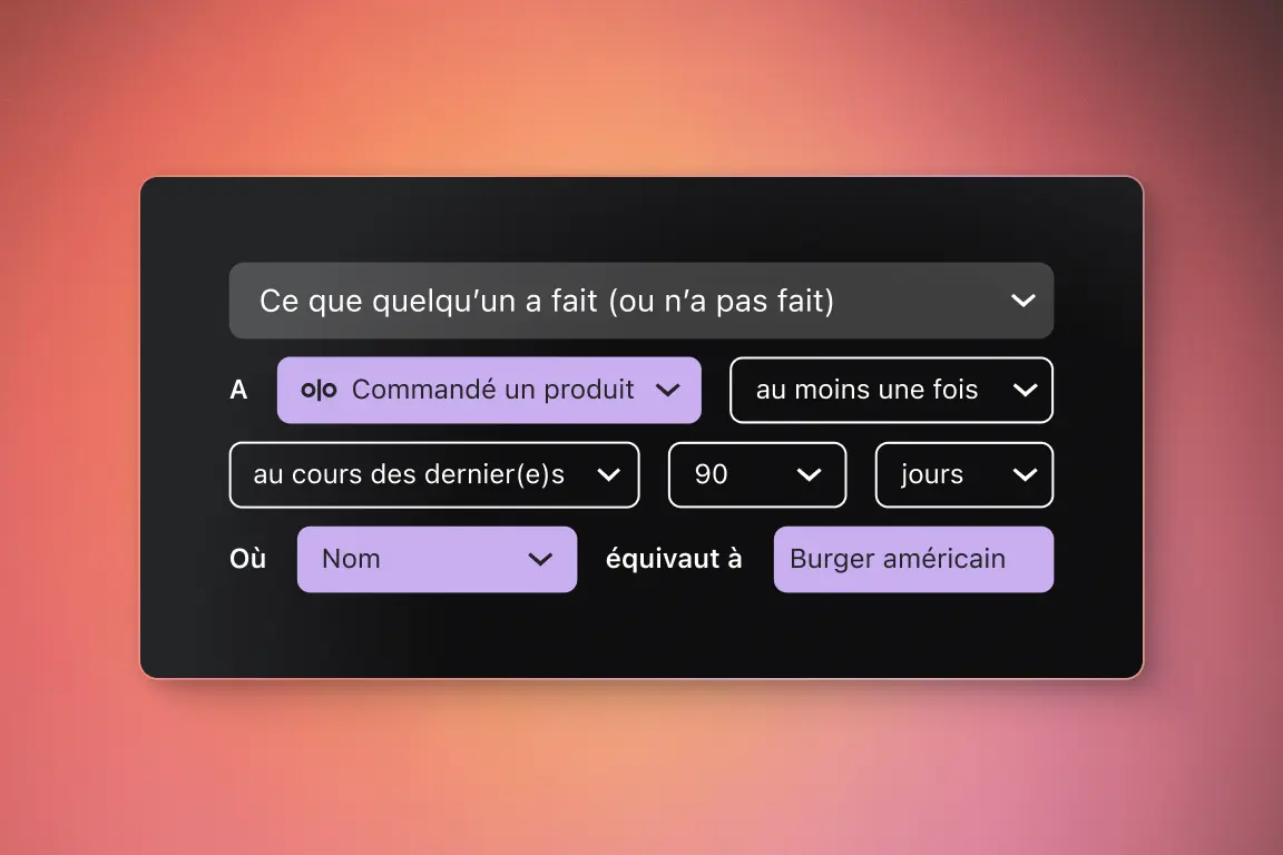 Interface utilisateur avec des options de filtrage pour les commandes de produits, incluant des critères de temps et de fréquence.