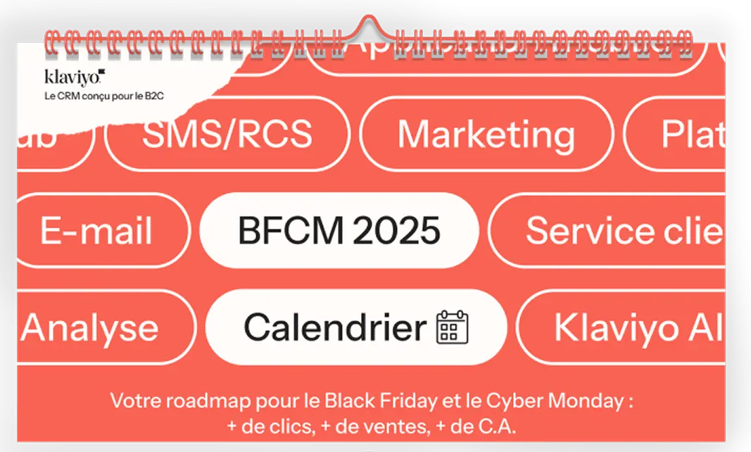 Calendrier BFCM 2025 avec termes marketing comme SMS/RCS, e-mail, analyse. Texte en bas : "Votre roadmap pour le Black Friday et le Cyber Monday".