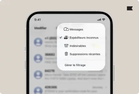 ios-26-inbox-filtering Menu de filtrage des messages sur un iPhone, affichant des options comme "Expéditeurs inconnus" et "Indésirables".