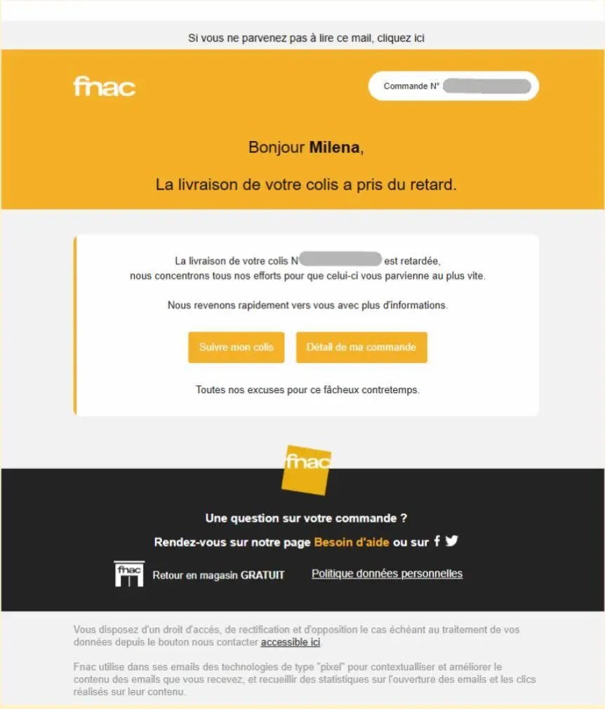 Email de confirmation de commande Fnac indiquant un retard de livraison, avec options pour suivre le colis et voir les détails.