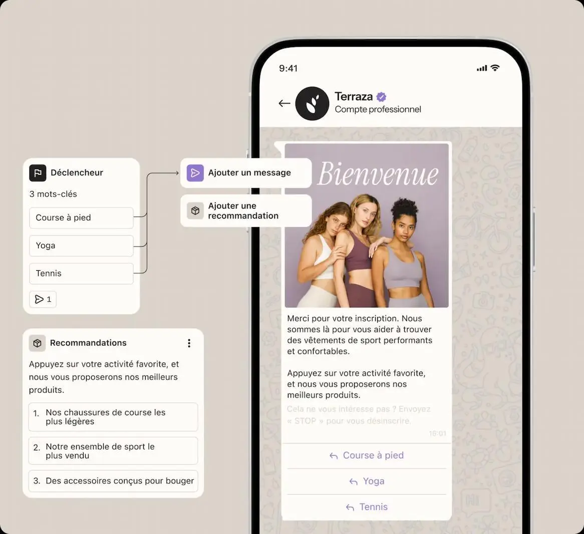 Interface de messagerie marketing sur smartphone, montrant des recommandations pour des activités sportives comme la course à pied, le yoga et le tennis.Capture d’écran d’un message WhatsApp automatisé envoyé par une marque de vêtements de sport via Klaviyo. Le message de bienvenue invite les nouveaux inscrits à sélectionner leur activité favorite (course à pied, yoga ou tennis). Selon la réponse, des recommandations personnalisées sont proposées, comme « Nos chaussures de course les plus légères » ou « Notre ensemble de sport le plus vendu ». Un système de mots-clés et de déclencheurs est visible à gauche de l’image.