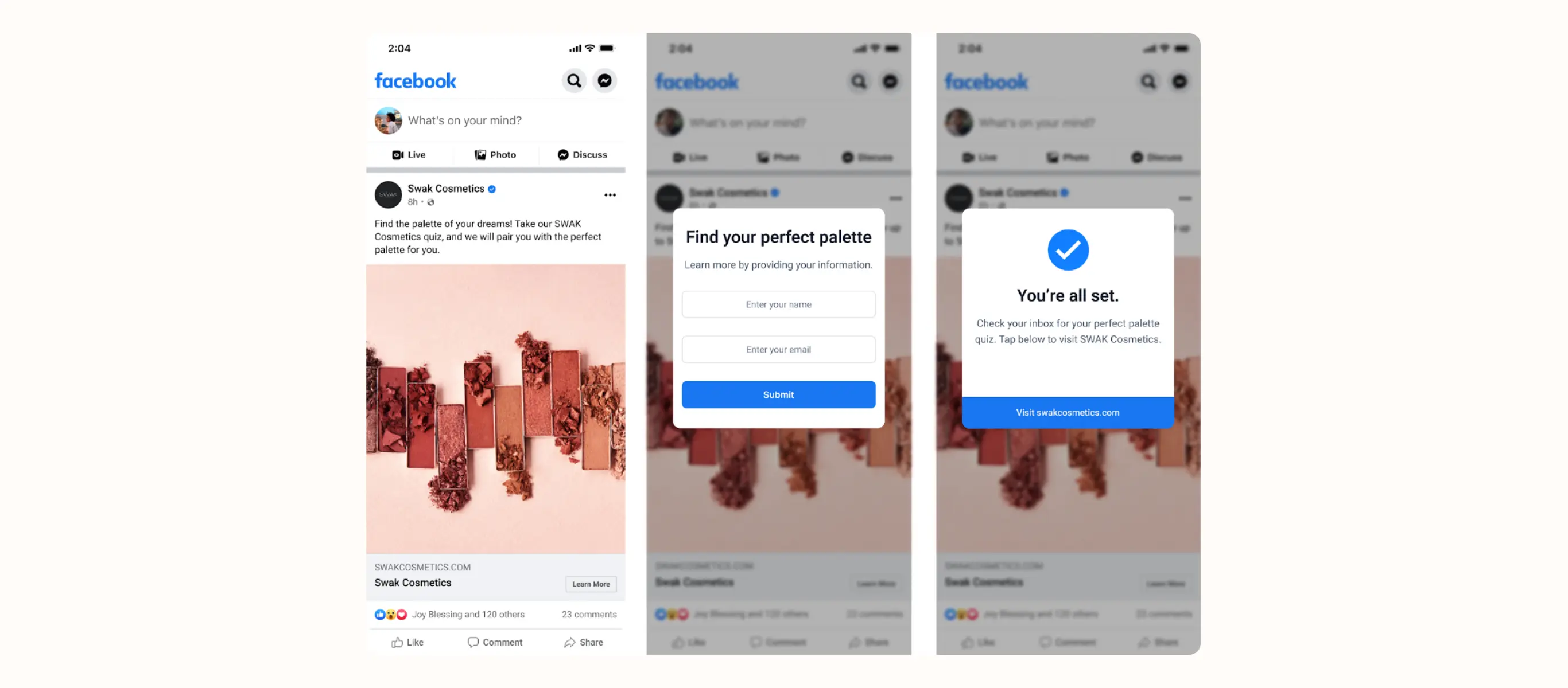 Trois captures d'écran d'une publicité Facebook pour SWAK Cosmetics, incluant un quiz pour trouver la palette parfaite.