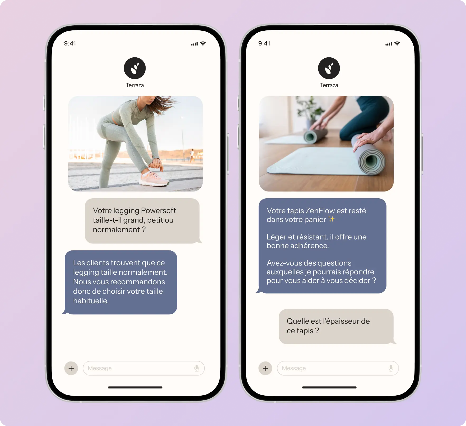Deux écrans de smartphone affichant des conversations textuelles. À gauche, une image d'une femme en legging. À droite, une image de tapis de yoga.