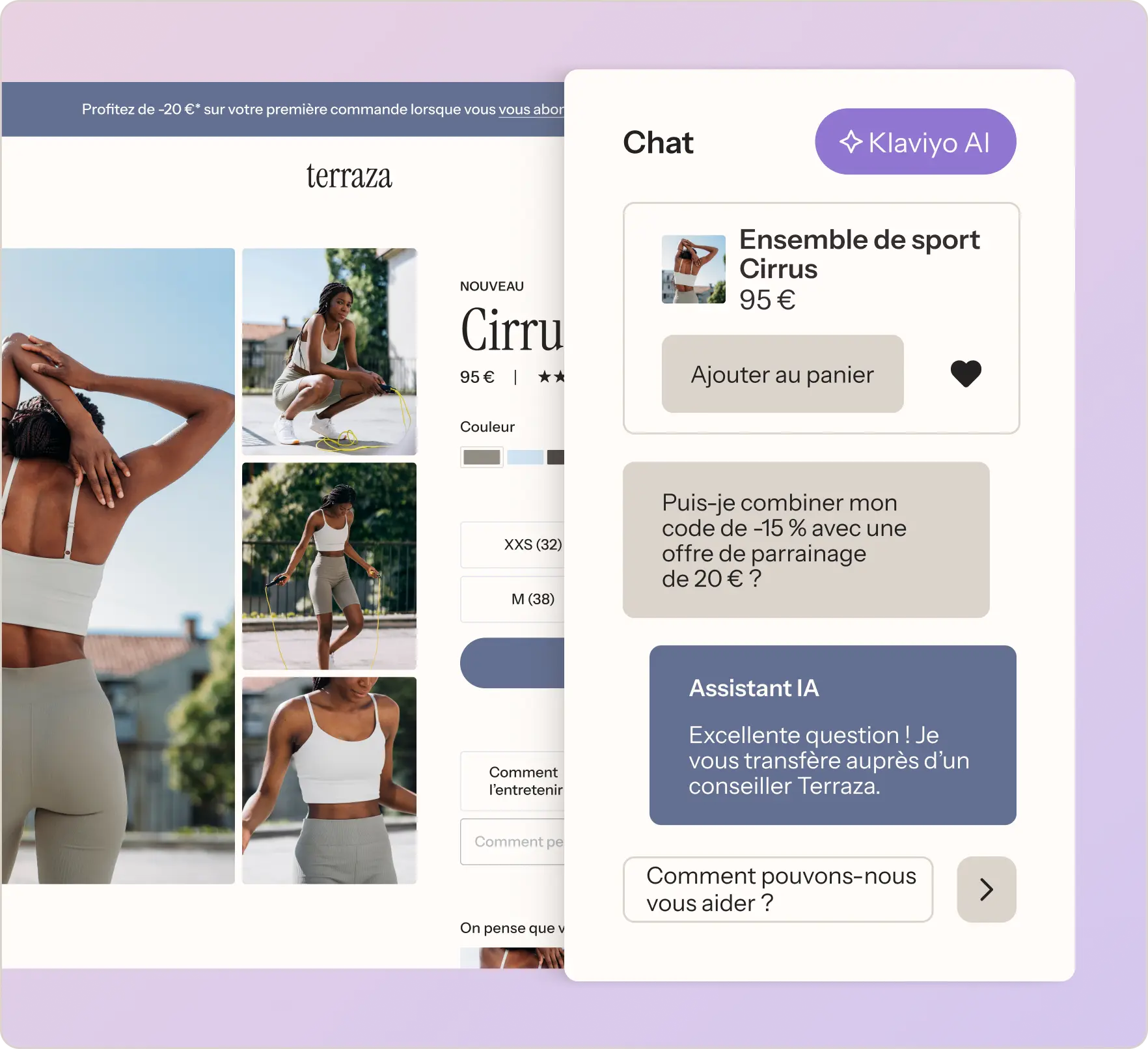 Page produit d'un ensemble de sport "Cirrus" à 95 €, avec chat Klaviyo AI demandant sur les codes de réduction.