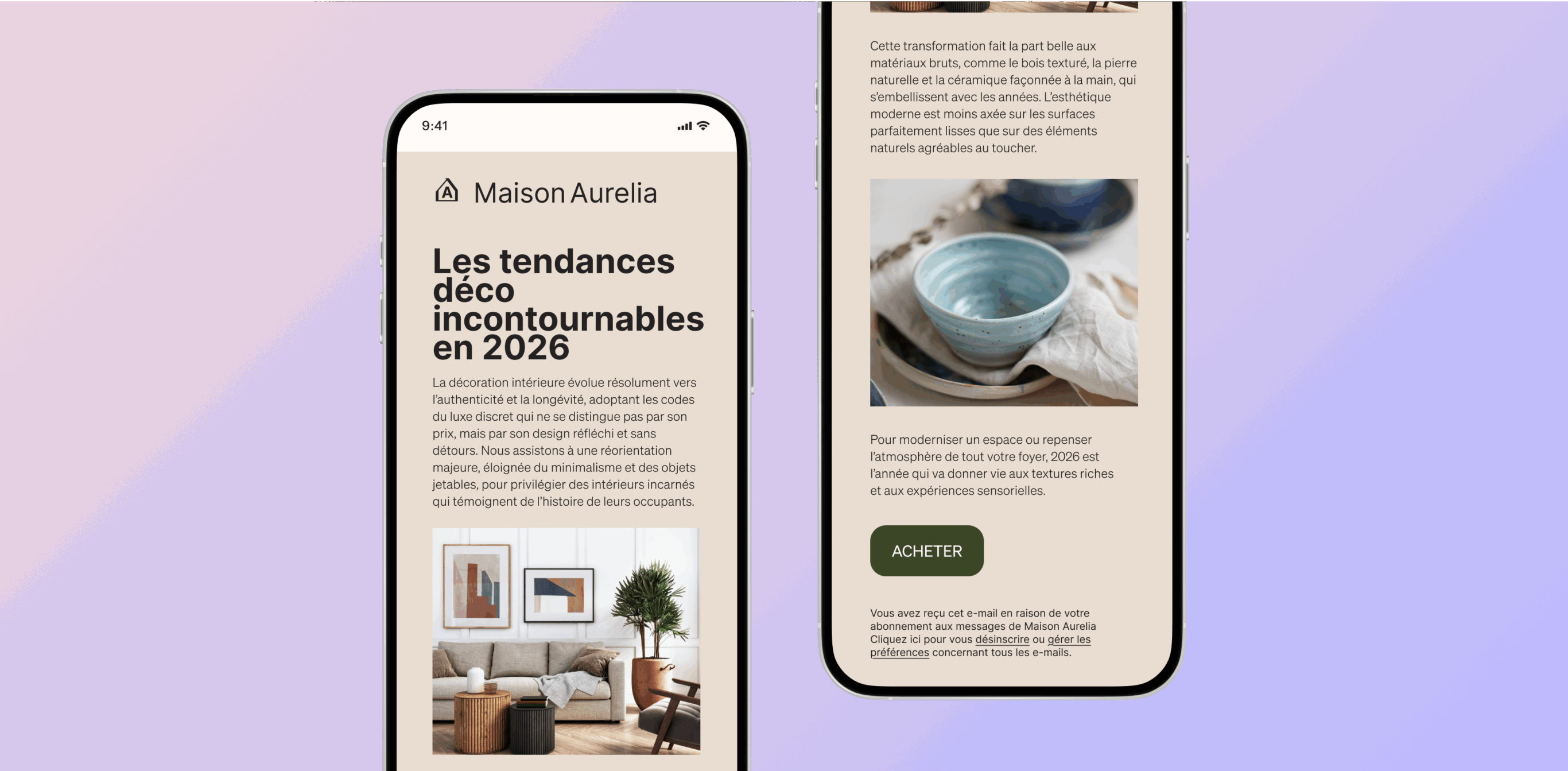 Deux écrans de smartphone affichant un article de Maison Aurelia sur les tendances déco incontournables en 2026.