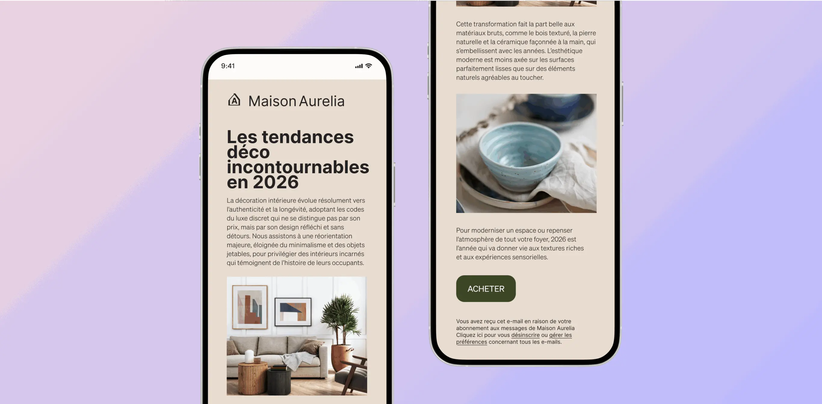 Deux écrans de smartphone affichant un article de Maison Aurelia sur les tendances déco incontournables en 2026.