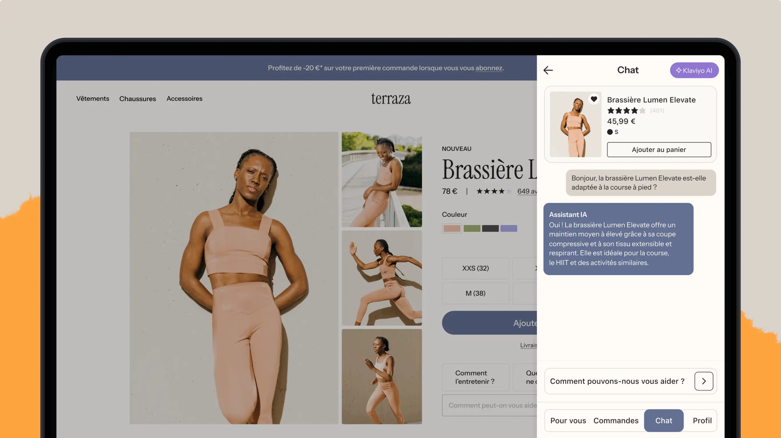 Interface d’achat en ligne pour la brassière Lumen Elevate avec assistance par chat optimisée par l’IA. Un modèle portant le produit, et les options de coloris et de prix sont affichés.