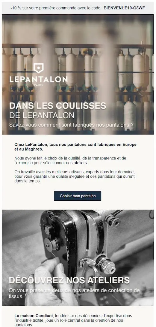 Email promotionnel de LePantalon montrant des bobines de fil et une machine à coudre, avec texte sur la fabrication des pantalons.