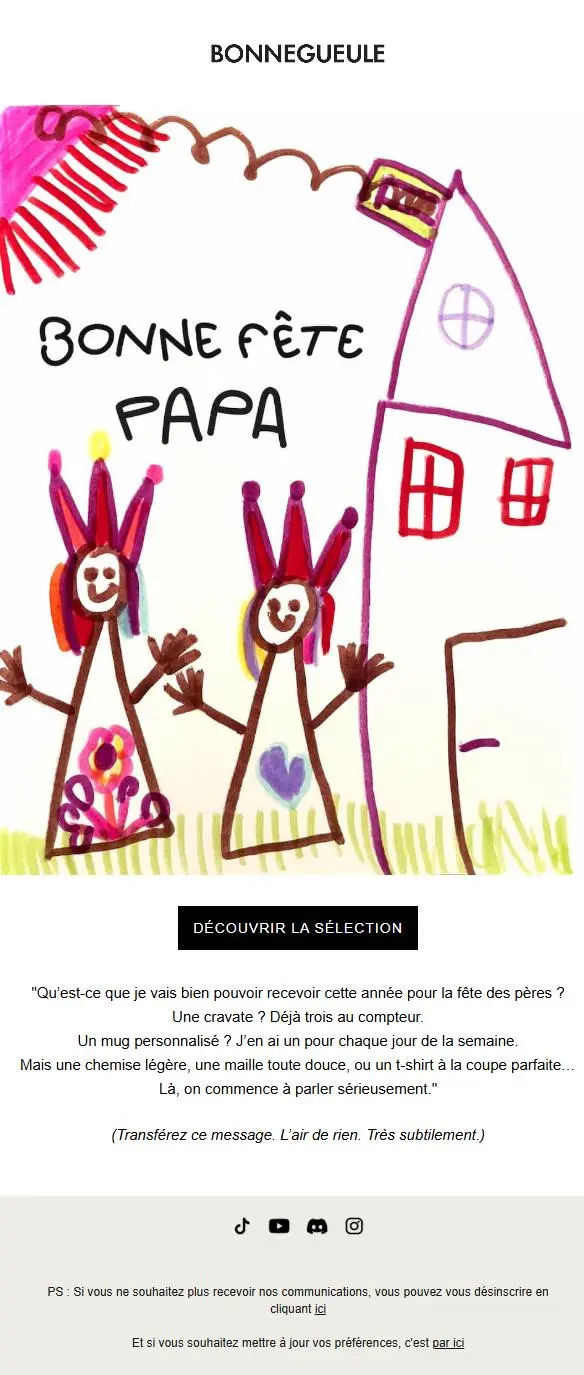 Dessin d'enfants avec deux personnages souriants et une maison, texte "Bonne fête Papa" en haut. Texte publicitaire en dessous.