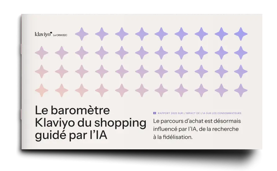 Couverture du rapport "Le baromètre Klaviyo du shopping guidé par l'IA", avec motifs étoilés et texte sur l'impact de l'IA.
