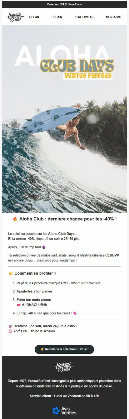 Surfeur sur une vague avec une planche Rip Curl, texte "Aloha Club Days Ventes Privées". Offre de réduction de 40% chez HawaiiSurf.