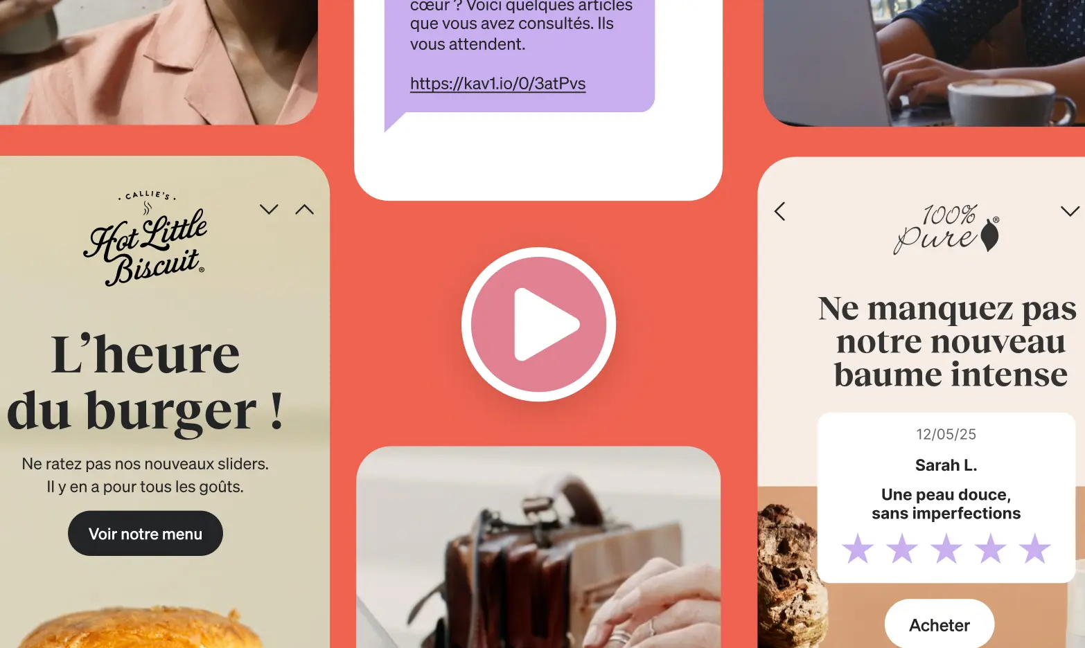 Collage d'images avec des publicités pour "Hot Little Biscuit" et "100% Pure", un message texte, et une icône de lecture.