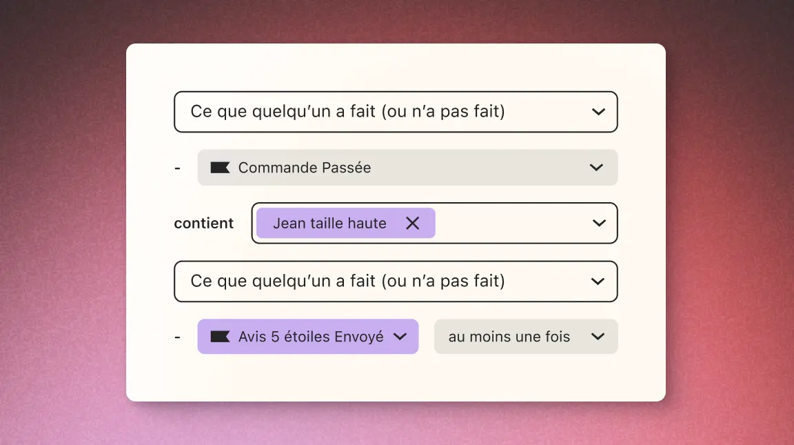 Interface utilisateur montrant des filtres de commande et d'avis, incluant "Commande Passée" et "Avis 5 étoiles Envoyé".
