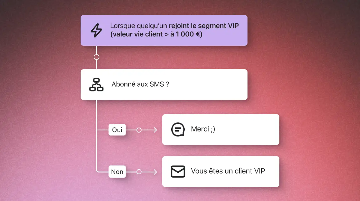 Diagramme de flux montrant un processus pour les clients VIP avec des décisions basées sur l'abonnement SMS.