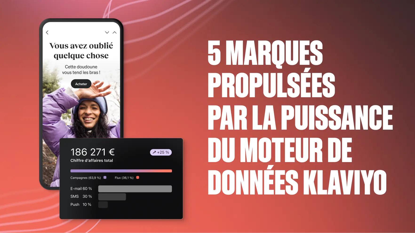 Smartphone affichant une femme souriante avec un message promotionnel. Texte à droite : "5 marques propulsées par la puissance du moteur de données Klaviyo". Graphique de ventes inclus.