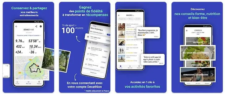 Application Decathlon Coach montrant des fonctionnalités : suivi d'entraînement, points de fidélité, activités favorites, conseils bien-être.