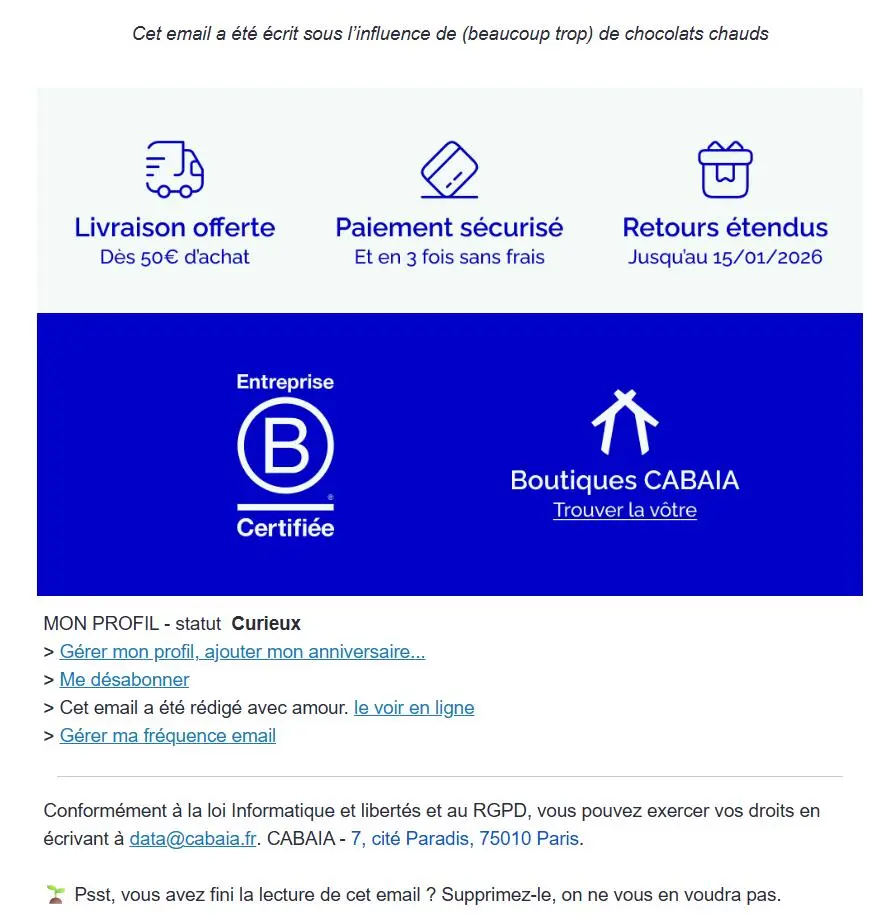 Email promotionnel de Cabaia avec offres de livraison gratuite, paiement sécurisé, retours étendus, et informations de profil.