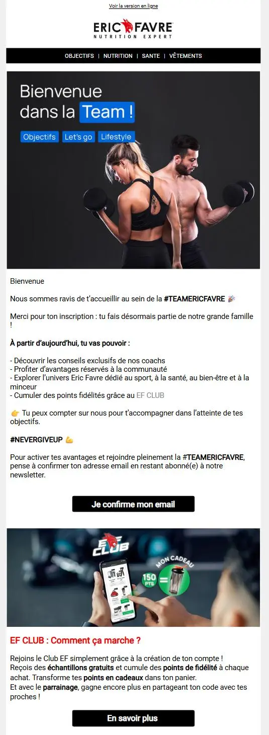 Email promotionnel d'Eric Favre avec des images de fitness, texte de bienvenue à la #TEAMERICFAVRE, et détails sur le Club EF.