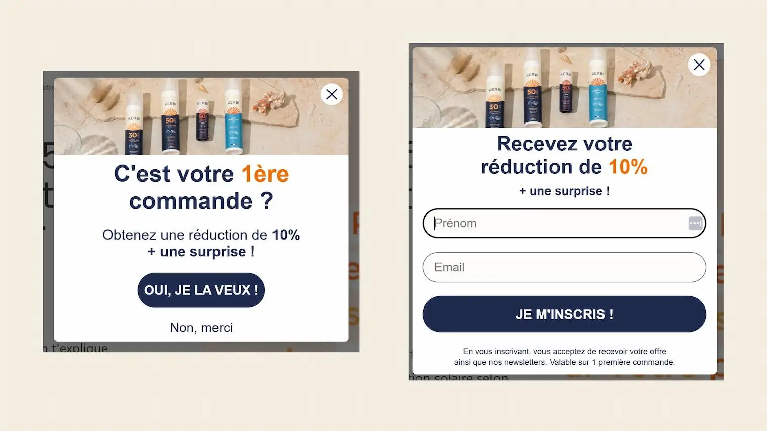 Offre de réduction de 10% pour une première commande avec formulaire d'inscription à la newsletter Kerbi.