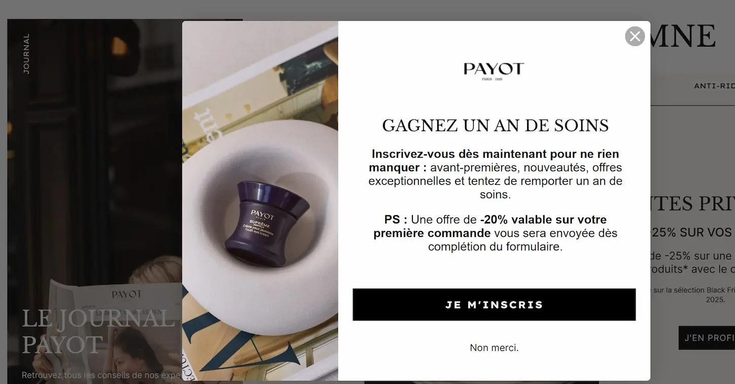 Popup d'inscription à la newsletter Payot, offrant un an de soins et une réduction de 20% sur la première commande.